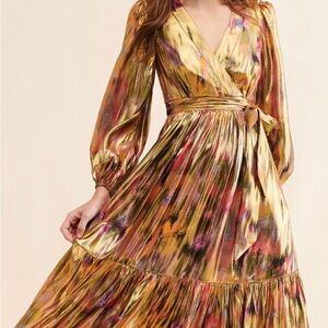 Anthropologie Gold and Pink Long Sleeve Dress